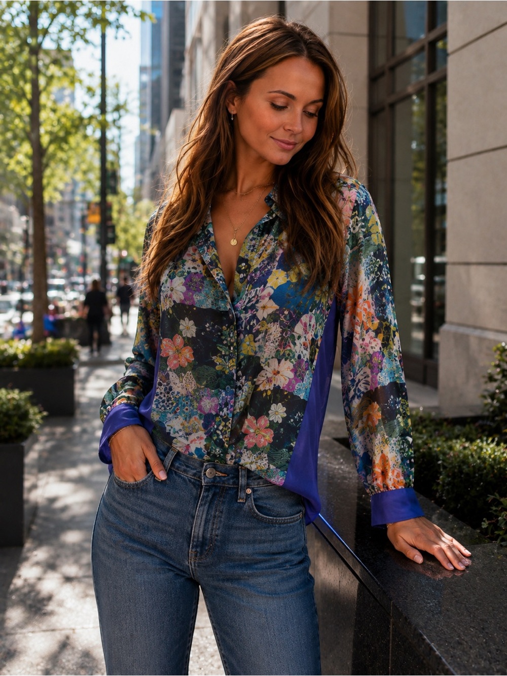 Johnny Was 100% Silk Patchwork Floral Button Down Blouse Boho Size S